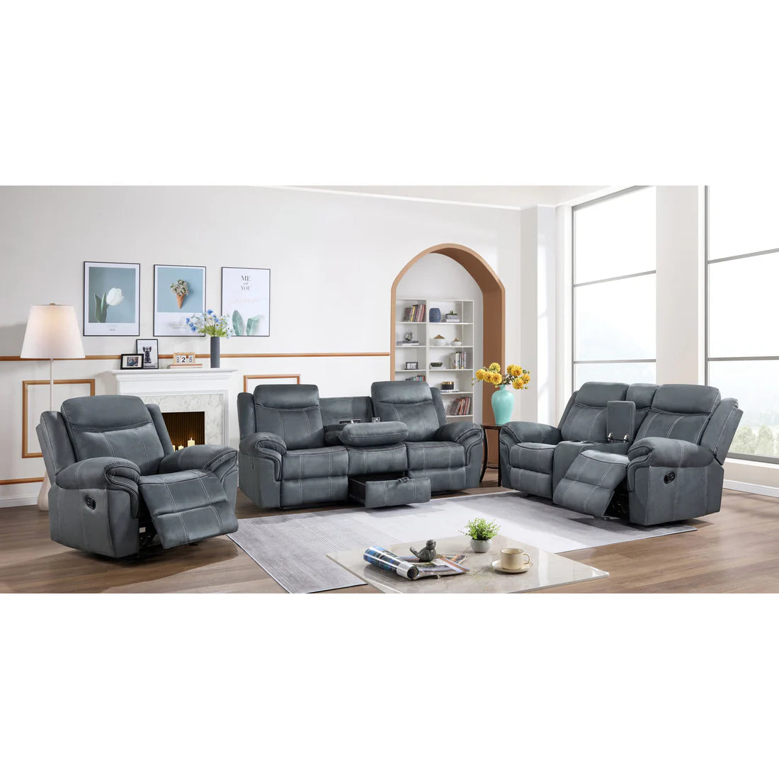 S5992 RIO GRANDE (GREY) 3 Piece Reclining Set. Sofa, Love Seat and Recliner.