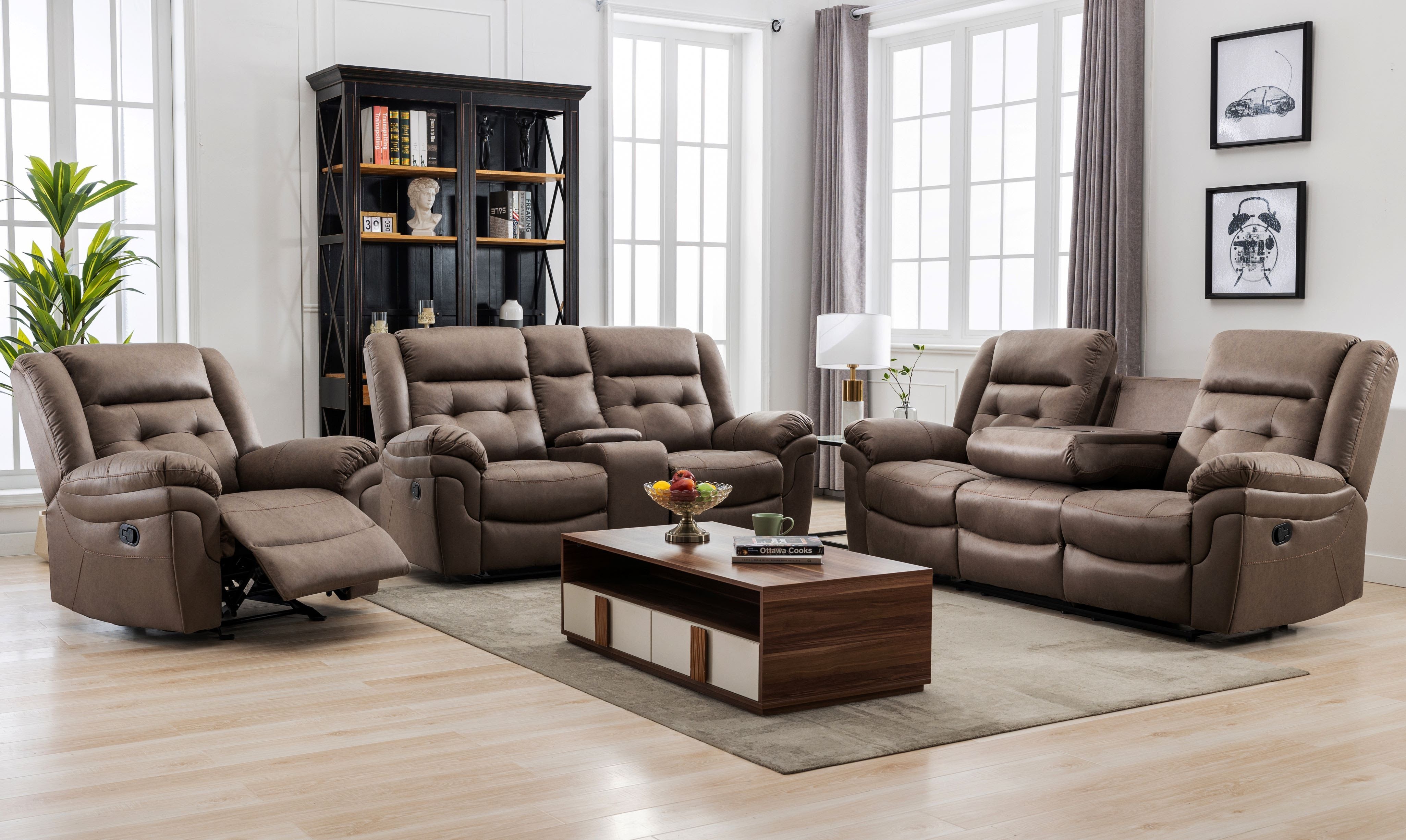 toris 3 piece living room set. sofa, love & recliner