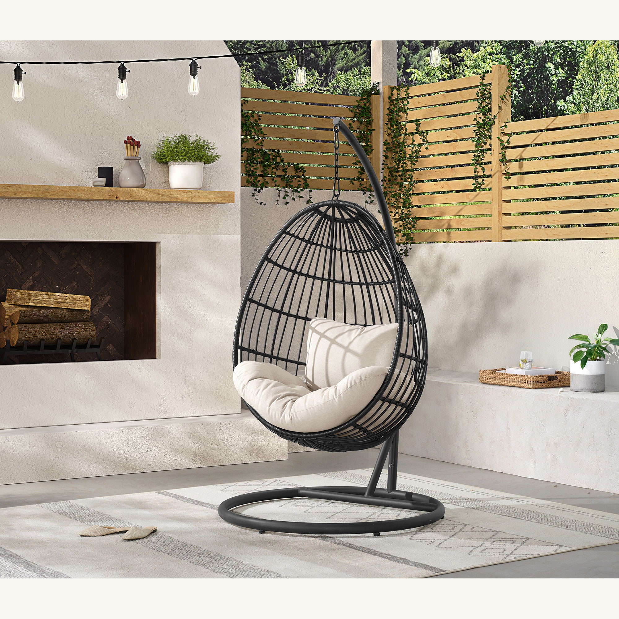 Playa - Swing Egg Chair With Base And Pillar - Dark Gray / Beige