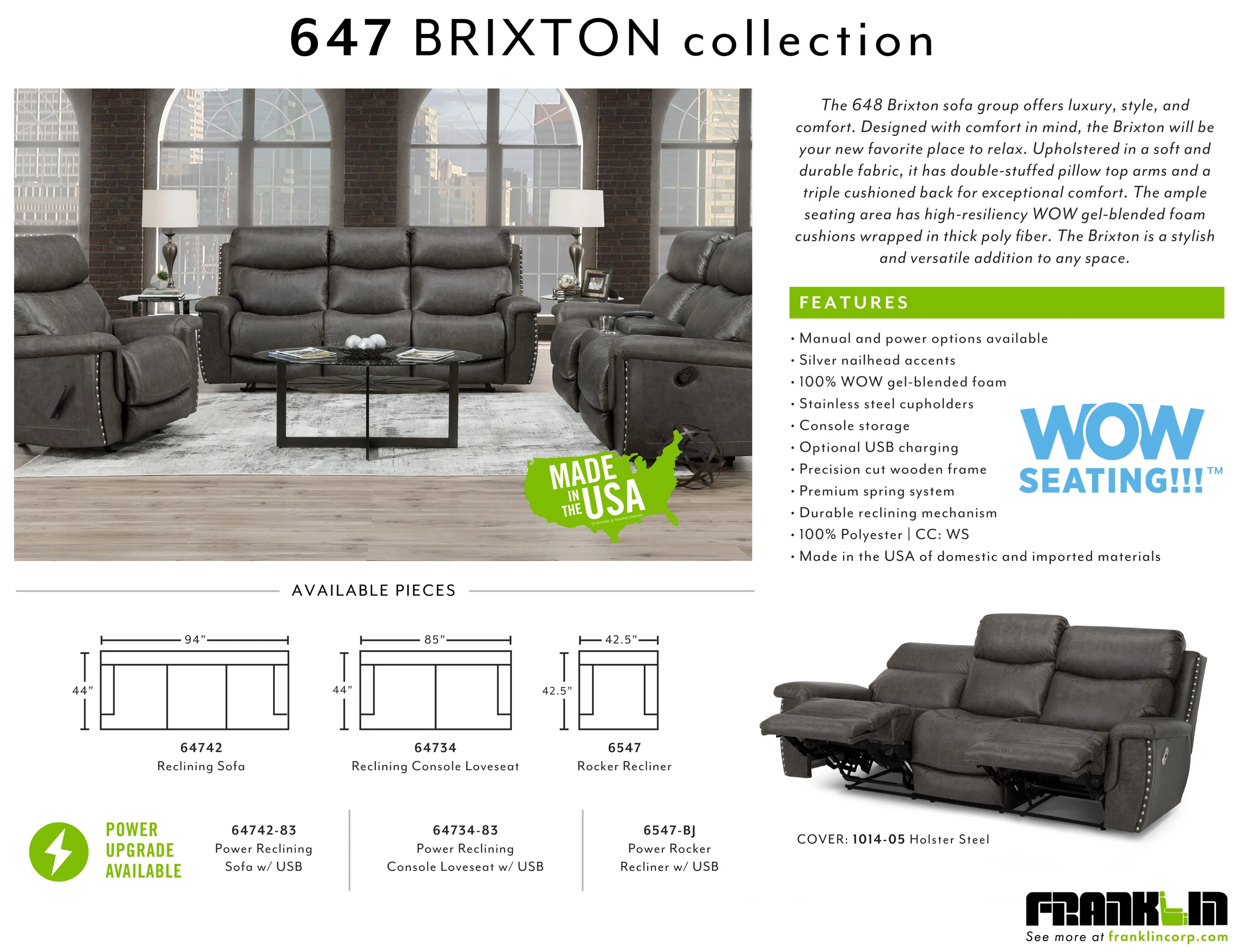 647 Brixton Sofa Collection in Holster Steel from Franklin - Manual