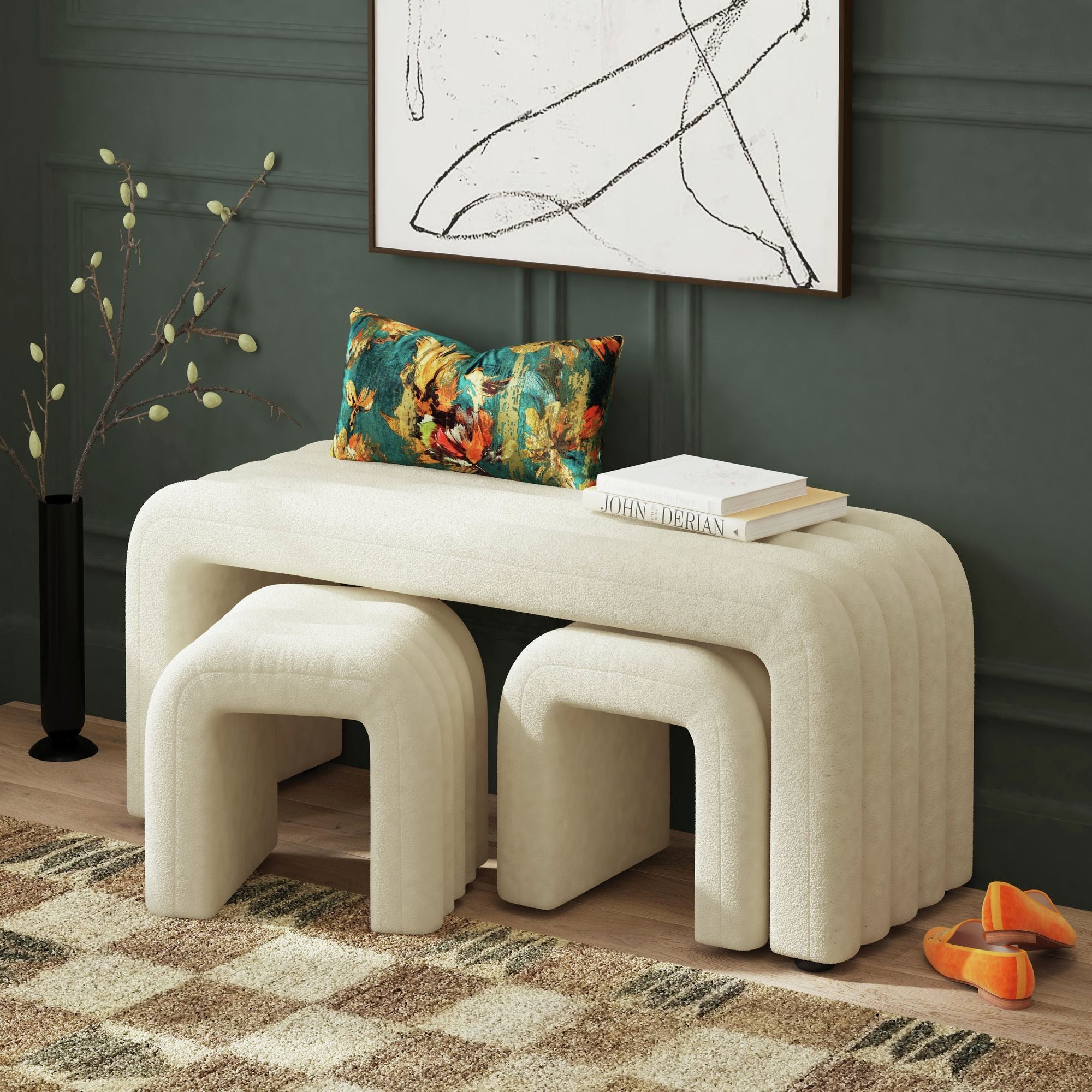 Seqouia - Bench With 2 Stools - Cream