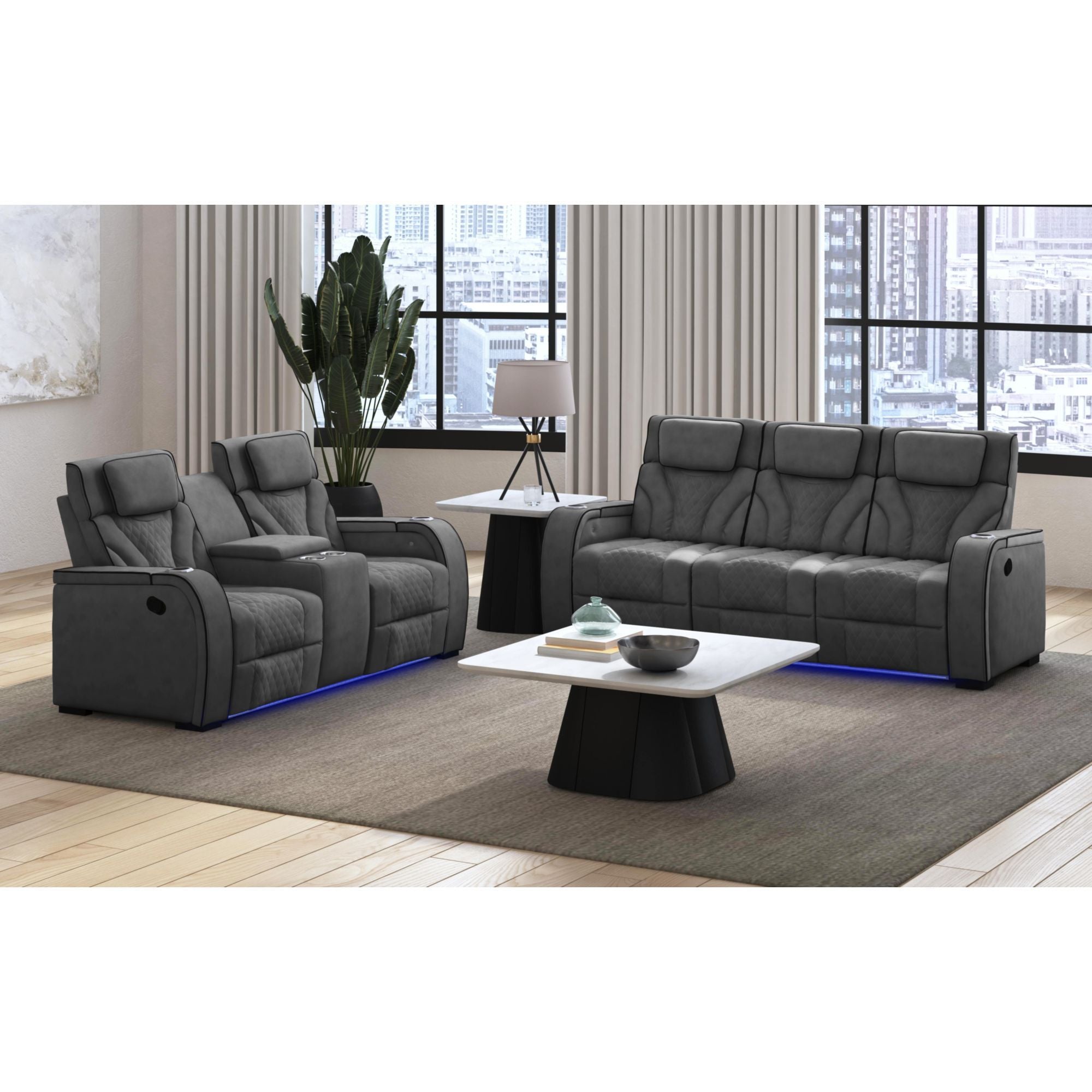 Blitz - Motion Loveseat With Console, And LED - Simba Slate And Black Welt