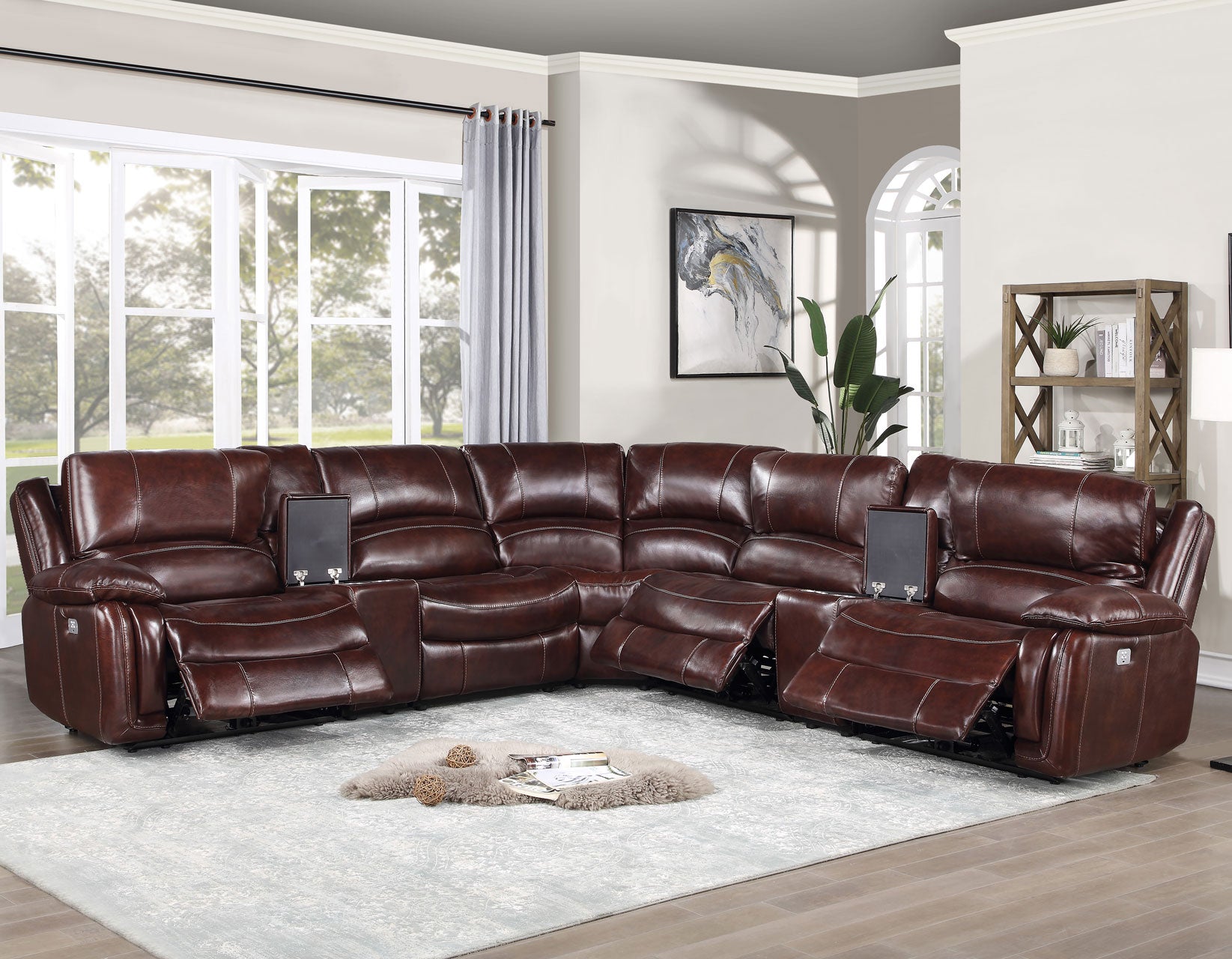 Denver Dual-Power 7-Piece Leather Sectional, Brown by Steve Silver
