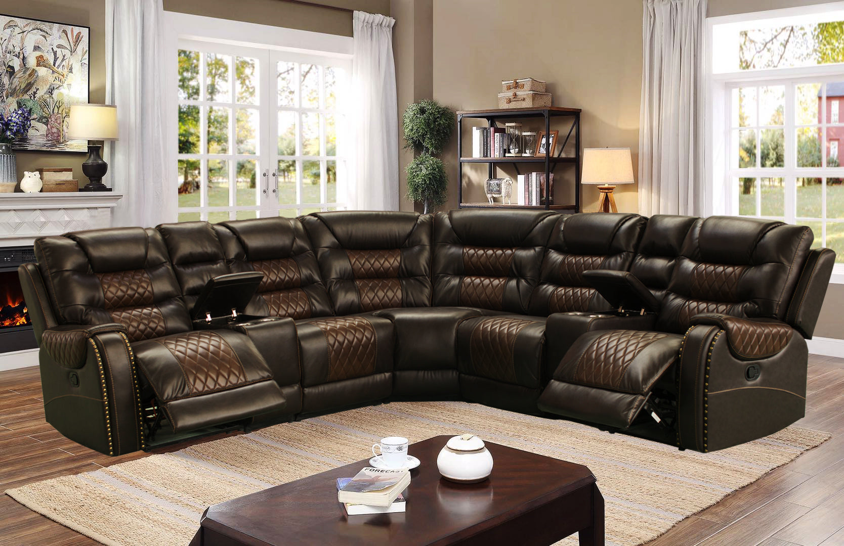 S1987 Phoenix Sectional Two Tone Brown Manual Recliners
