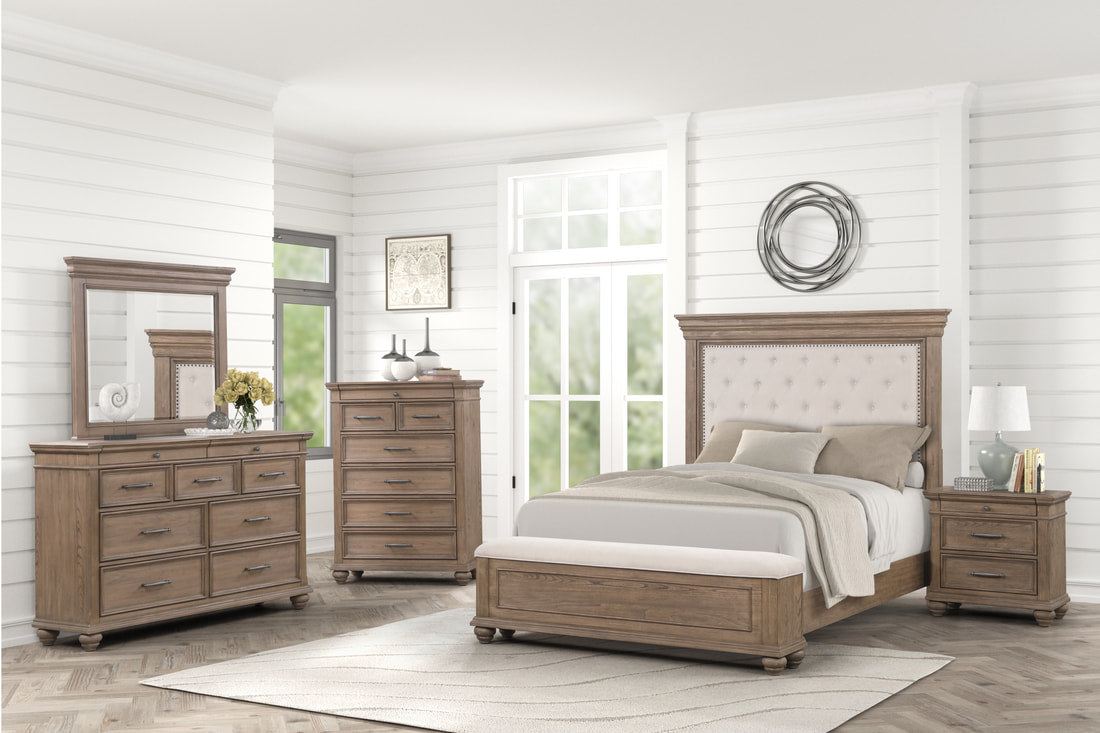San Jacinto Storage Bench Complete 6 Piece Queen or King Bedroom Set - Bed, 2 Nightstands, Dresser, Mirror & Chest
