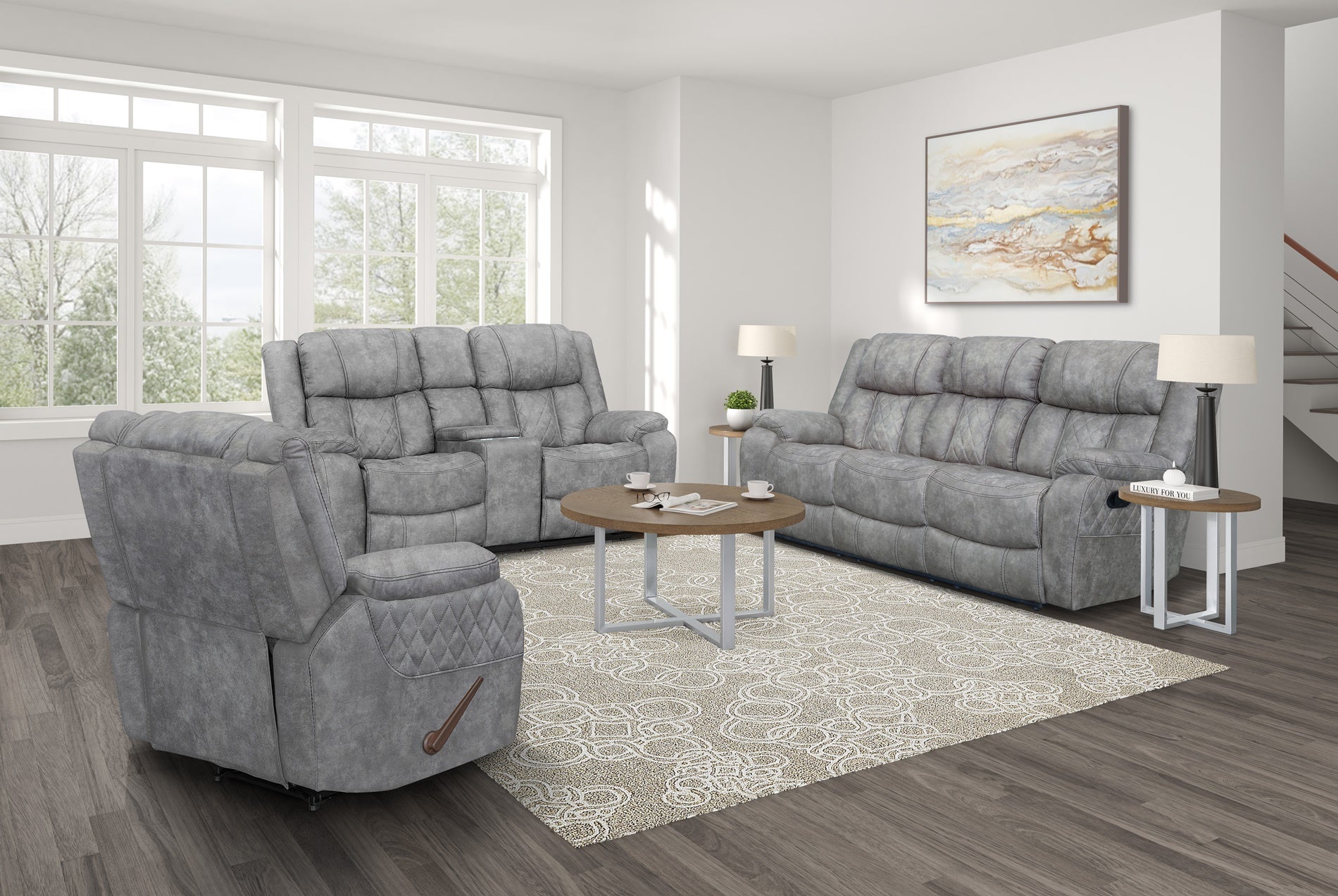 4380 Stetson 3pc  Lux Pewter Grey Motion Living Room Set
