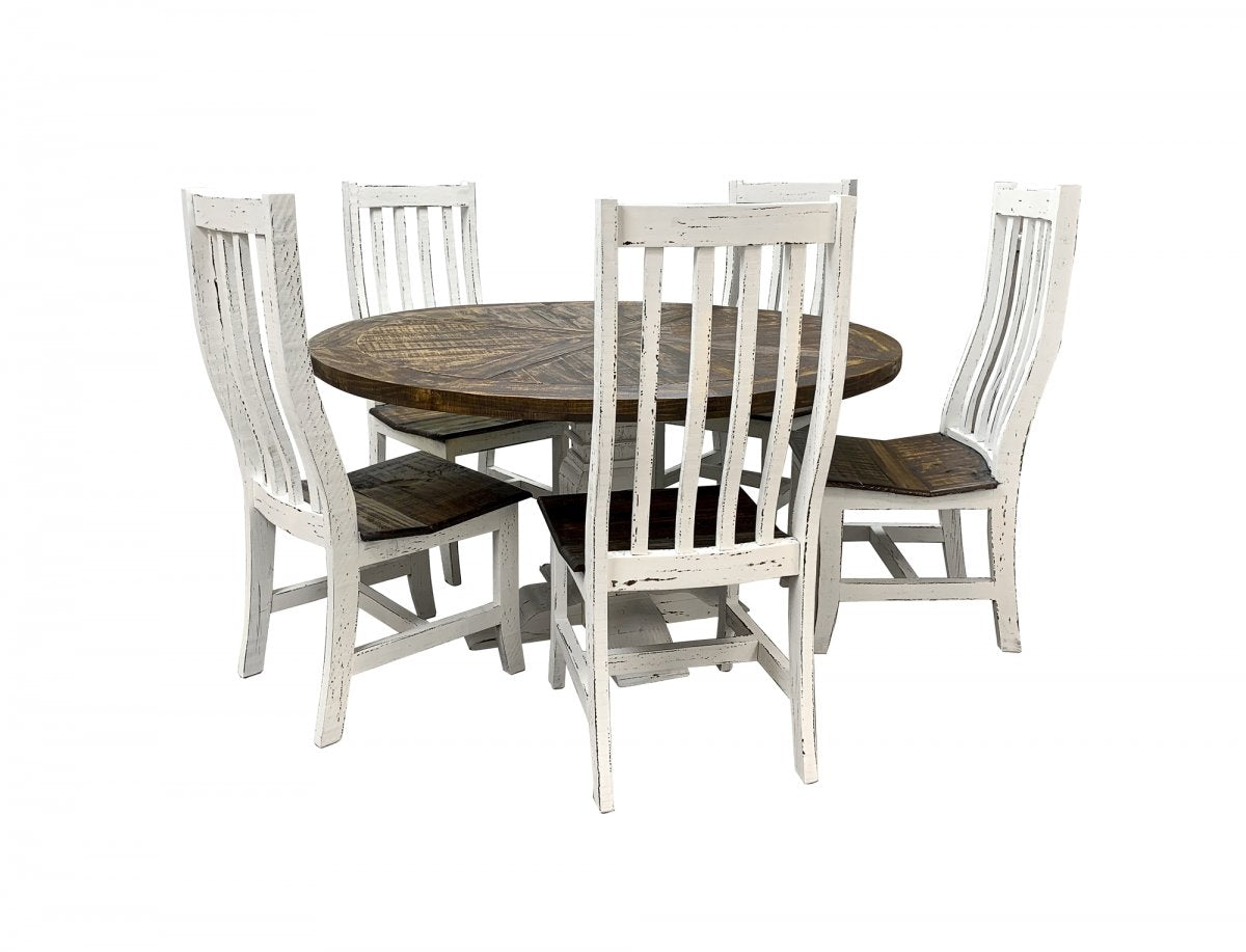 ANTIQUE WHITE ROUND RUSTIC Table and 5 Chairs Solid Wood