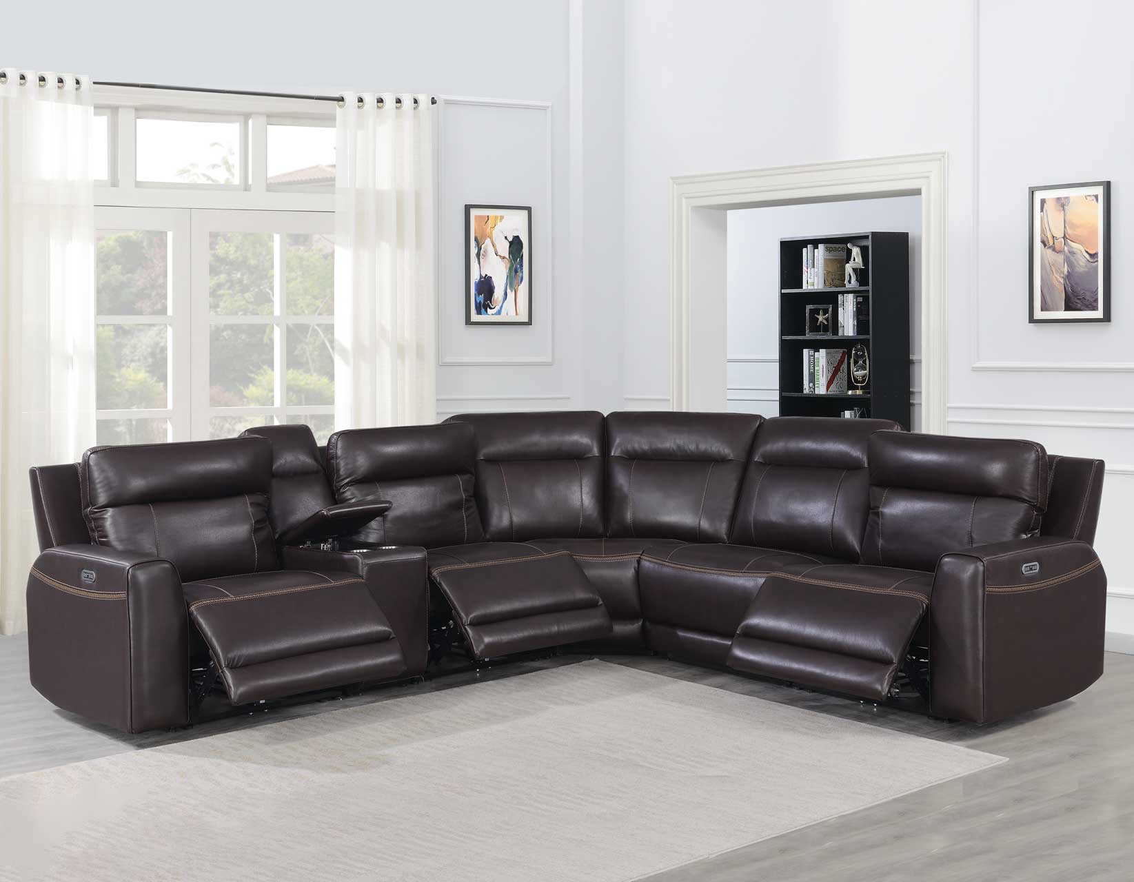 Doncella Dual-Power Leather 6-Piece Sectional (LAFR,RAFR,CN,AC,AR,W) by Steve Silver